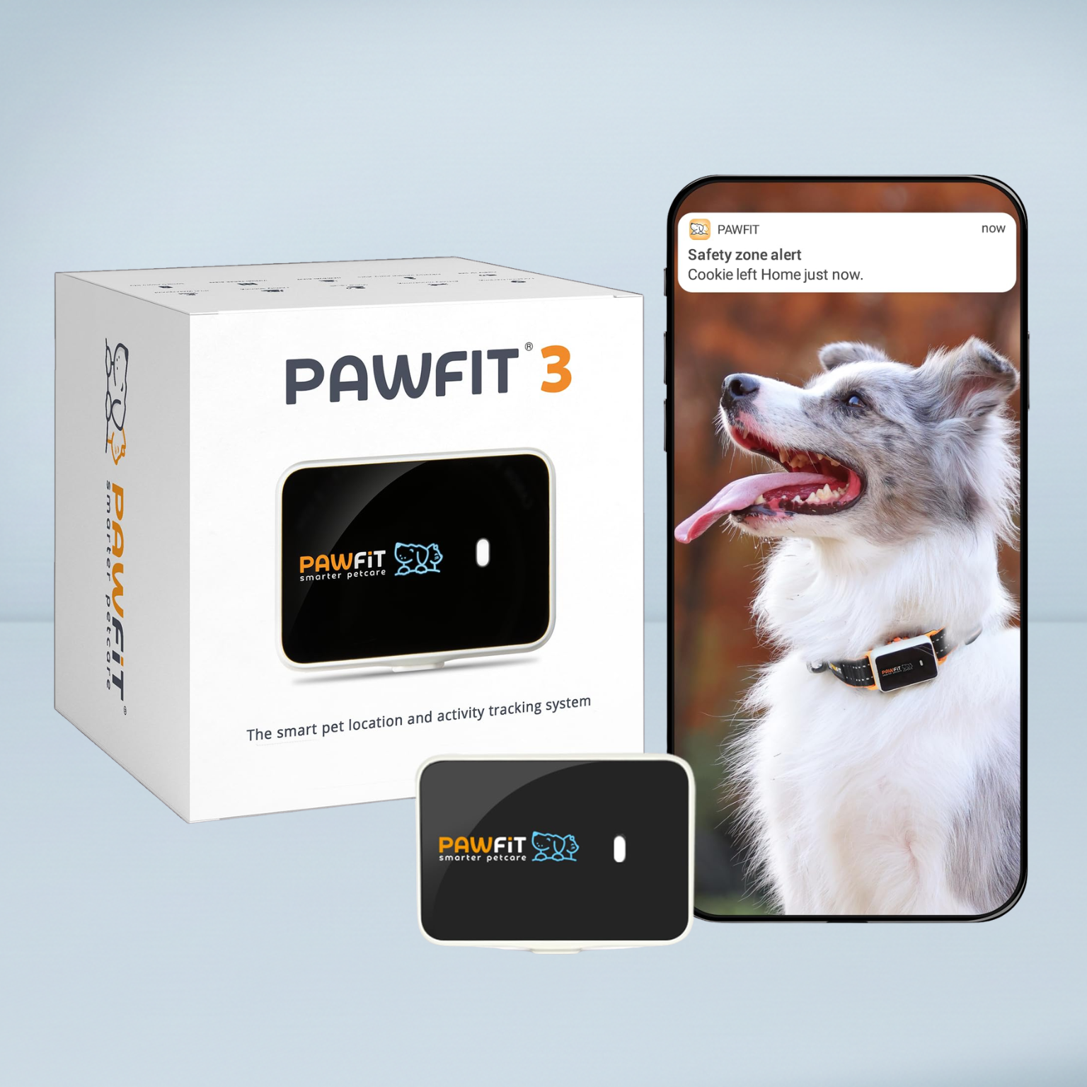 pawfit 3 pet tracker with a white box and iphone app with an image of an Australian shepherd