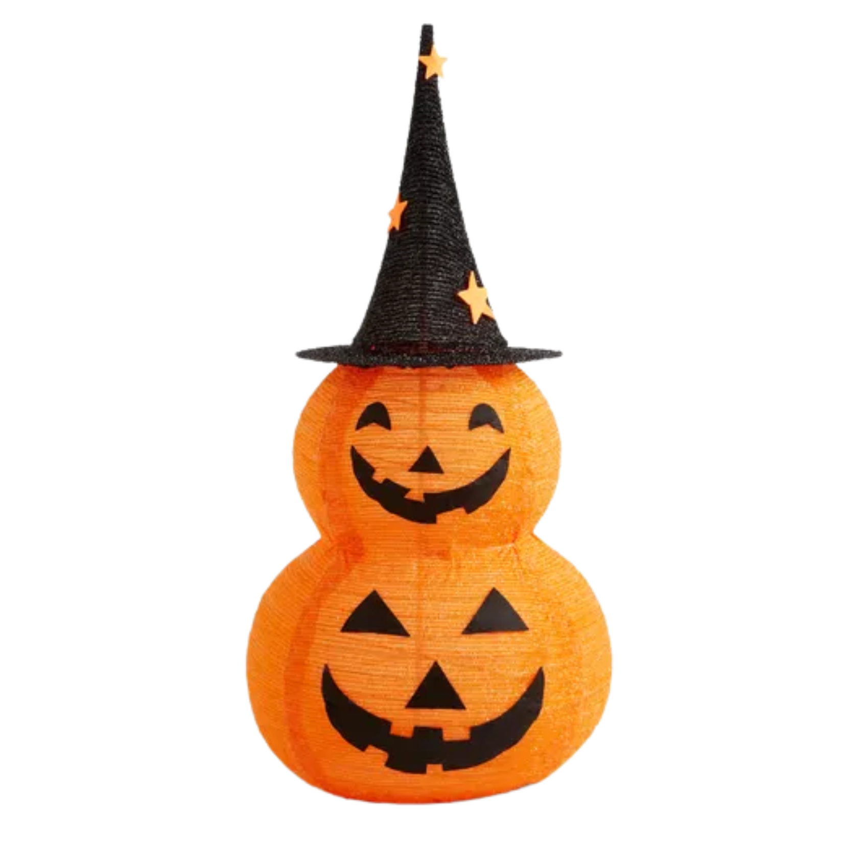 a stacked orange pumpkin pop up decoration with jack o lantern faces and a black witches hat