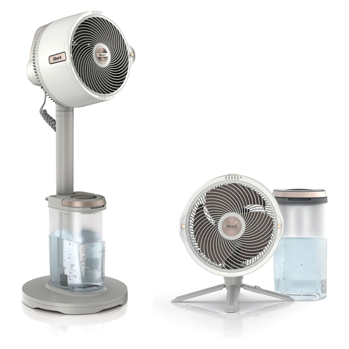 a white and grey pedestal fan with a water tank