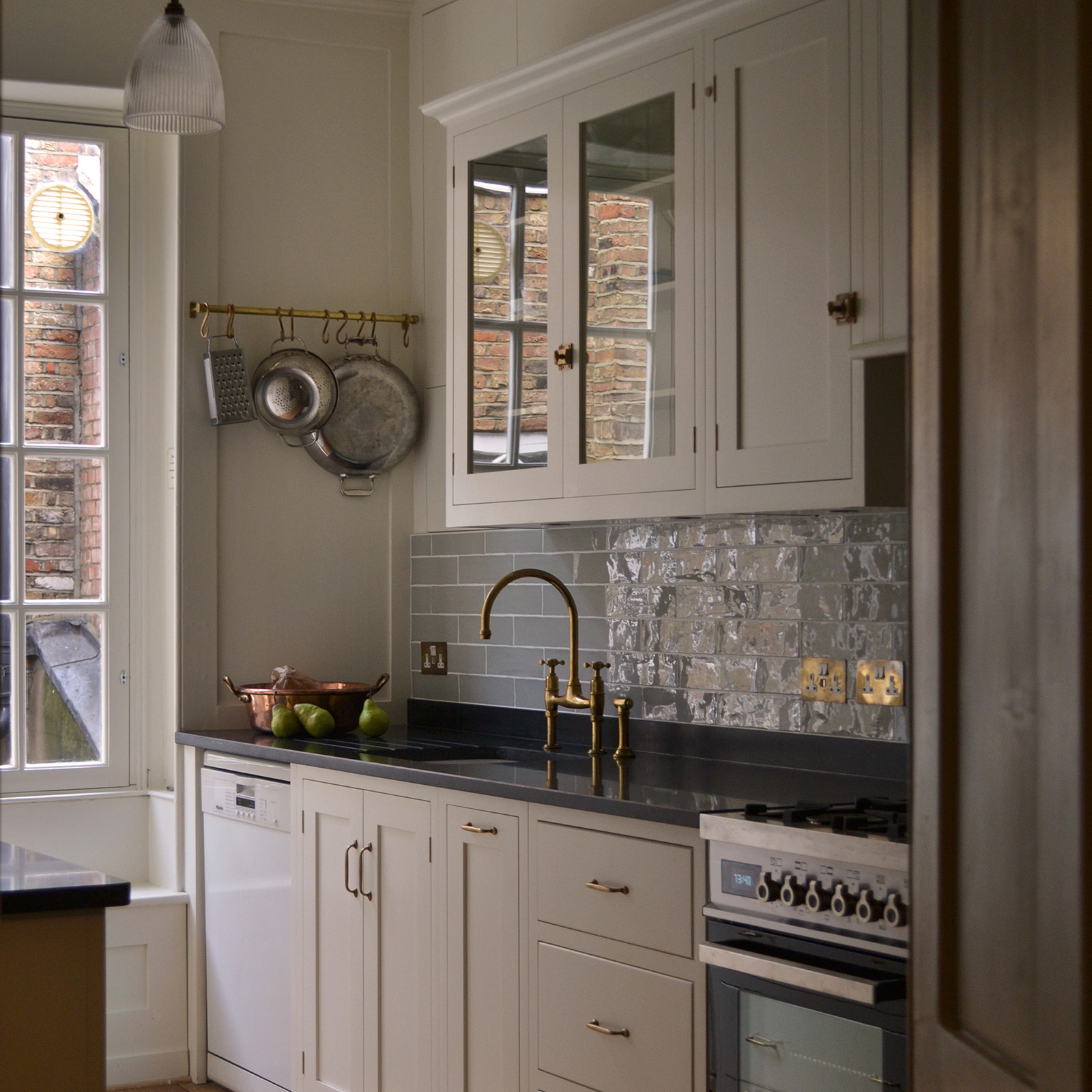 hanging rack in neutral kitchen