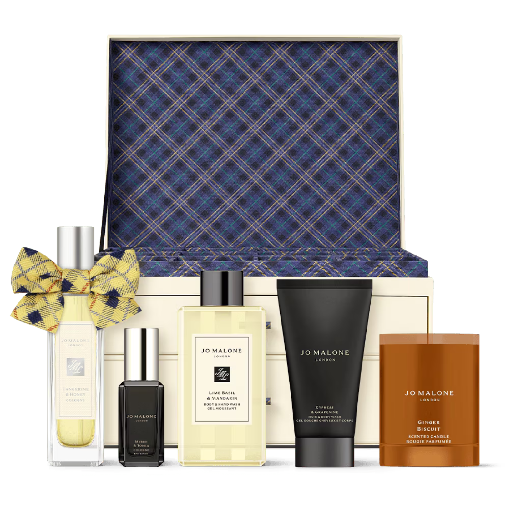 Jo Malone Christmas Kist Advent Calendar styled as a cream and black multi-drawer chest display surrounded by miniature colognes, candles, and body care products.