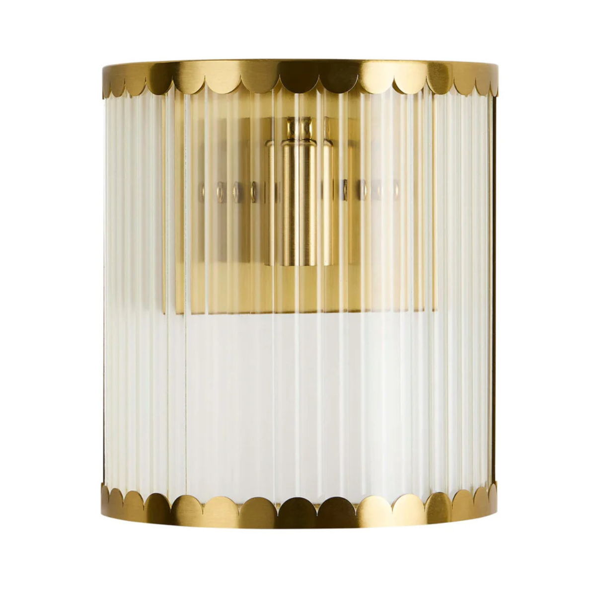 a glass ribbed wall light with a gold scalloped detail