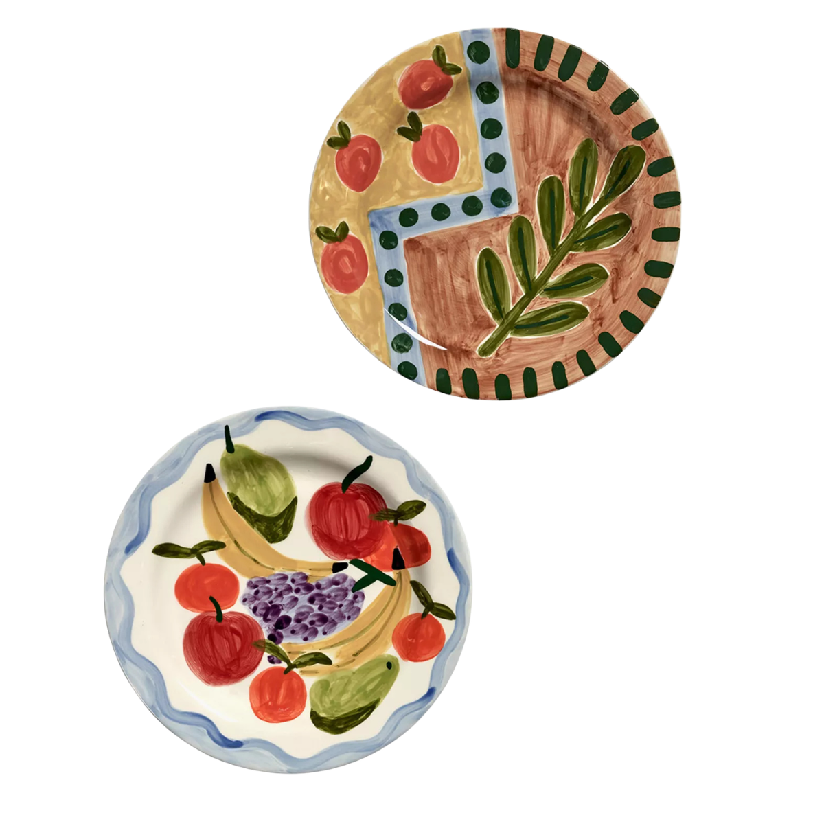 a set of two painterly plates features fruit
