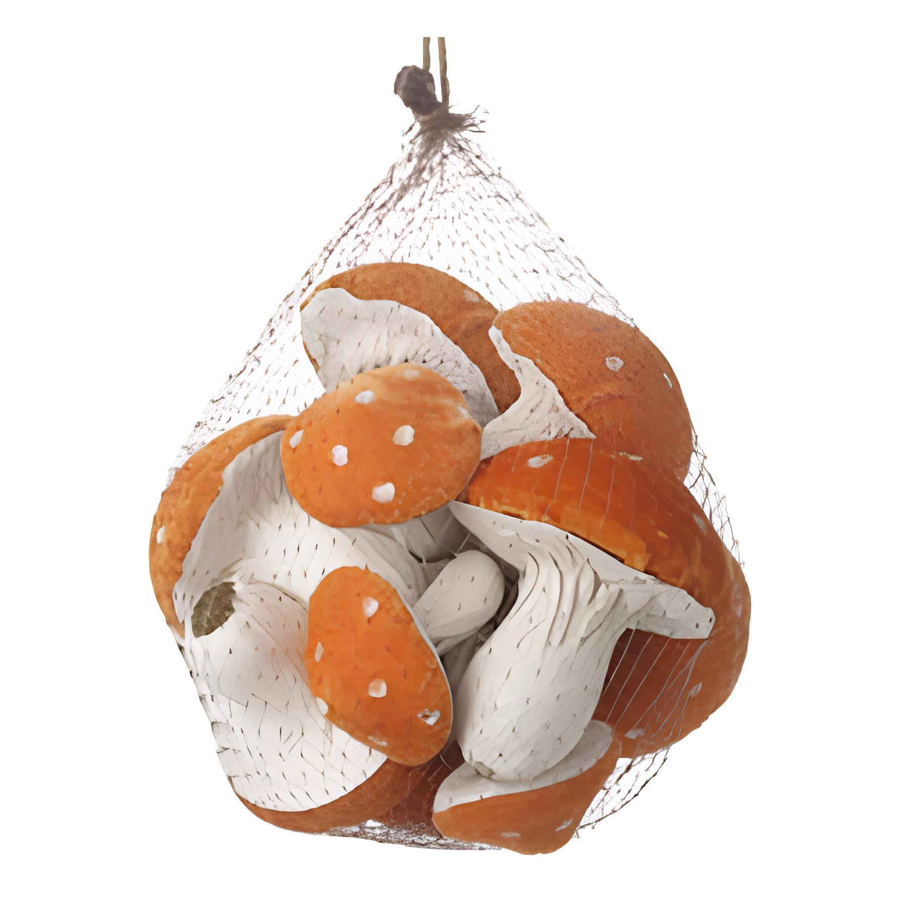 a net bag of white and orange polka dot velvet mushrooms