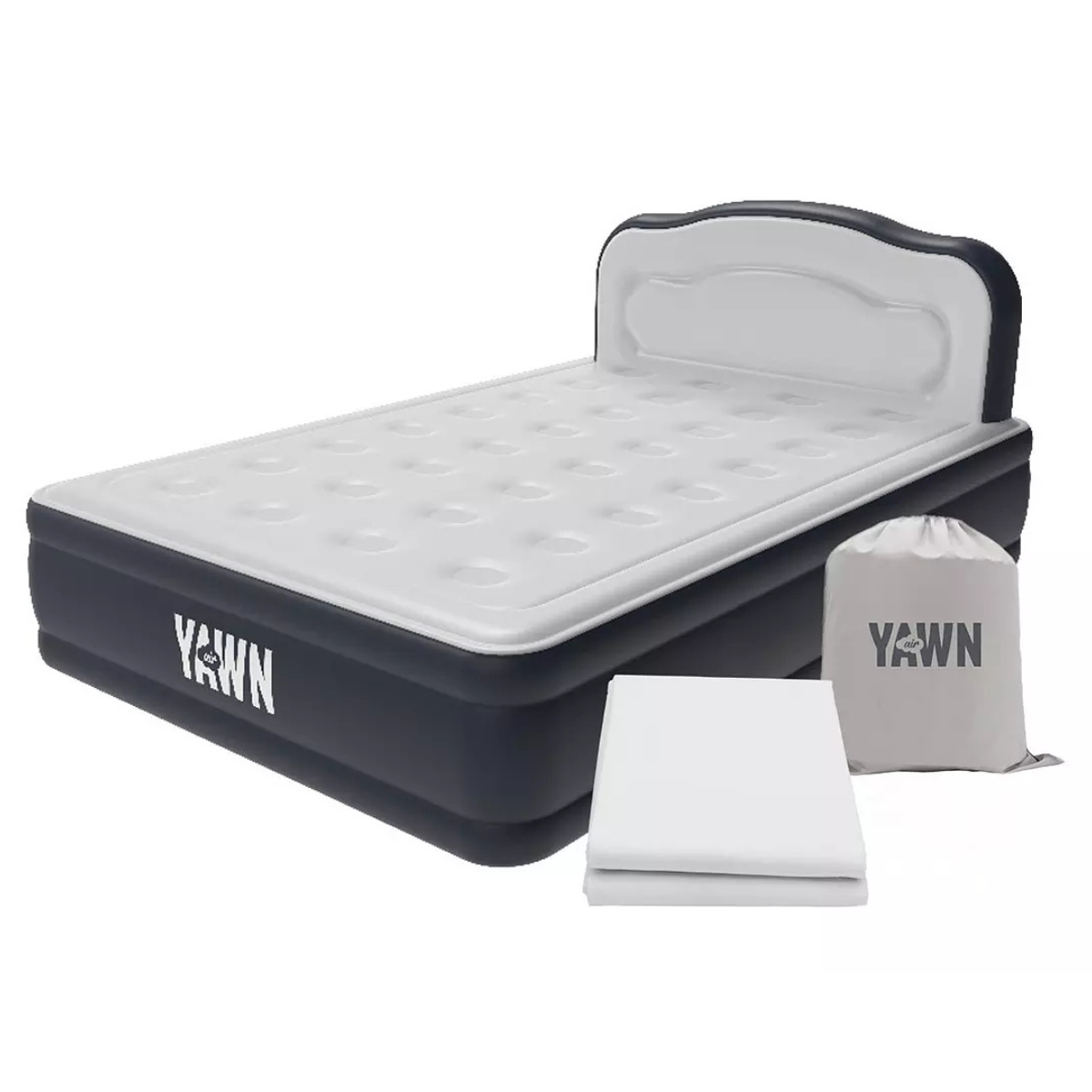 a large black and pale grey air bed with a headboard, carry bag and fitted sheet