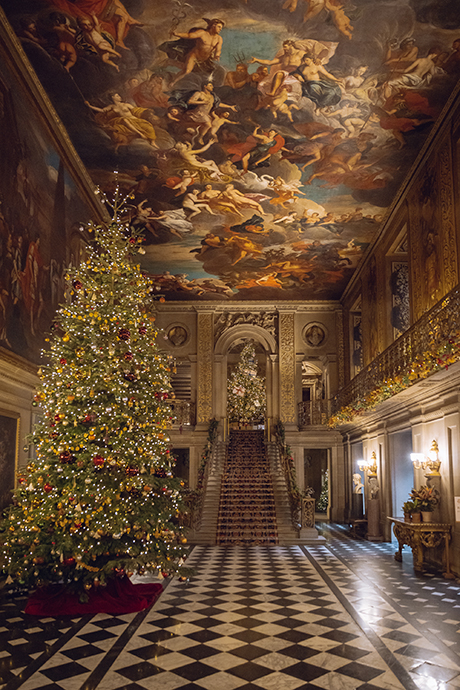 Chatsworth's painted hall decorated for Christmas