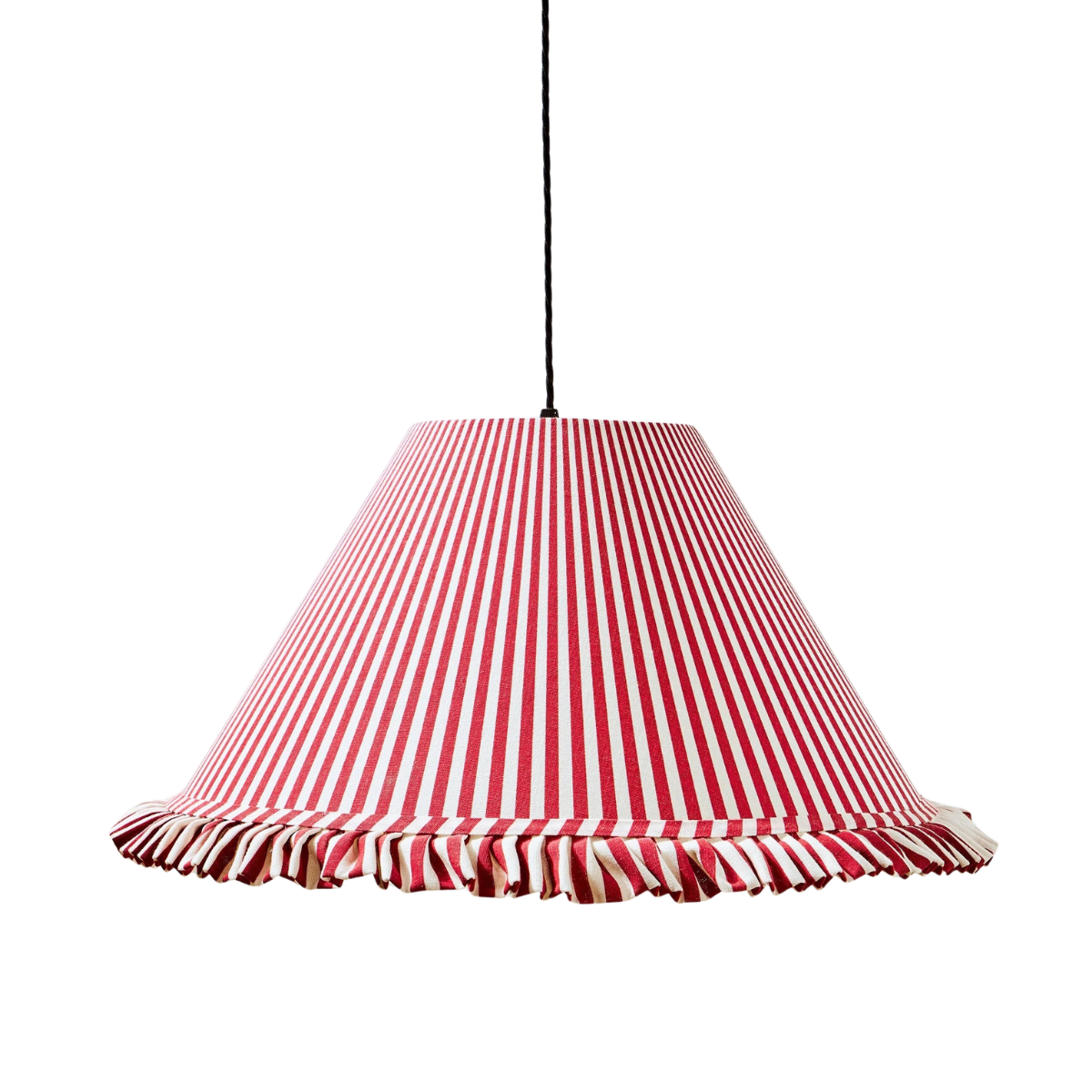 a red and white stripe fabric lampshade with ruffles