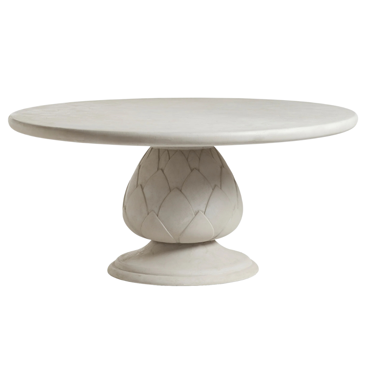 A pale grey stone outdoor dining table with an artichoke base