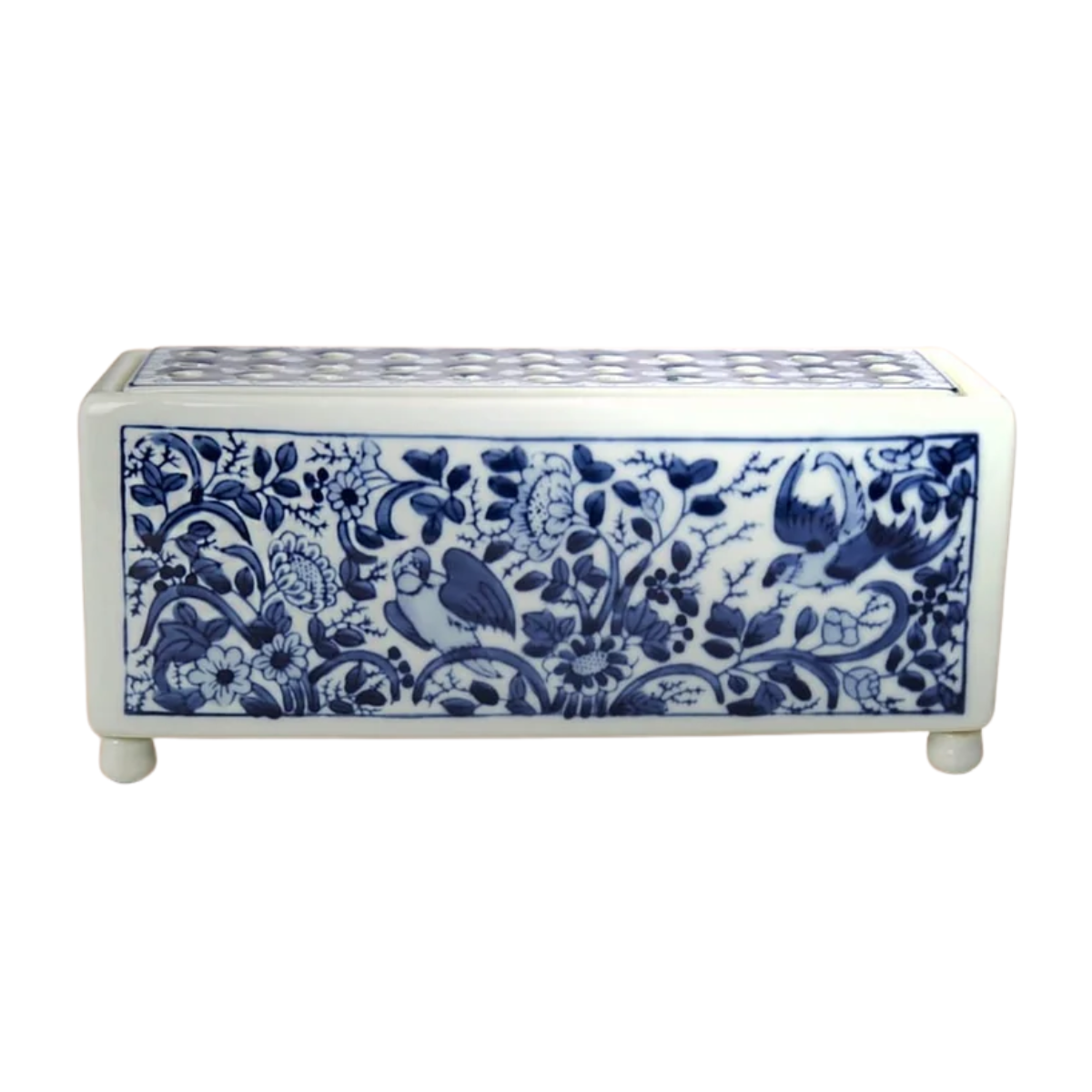 blue and white patterned tulip vase