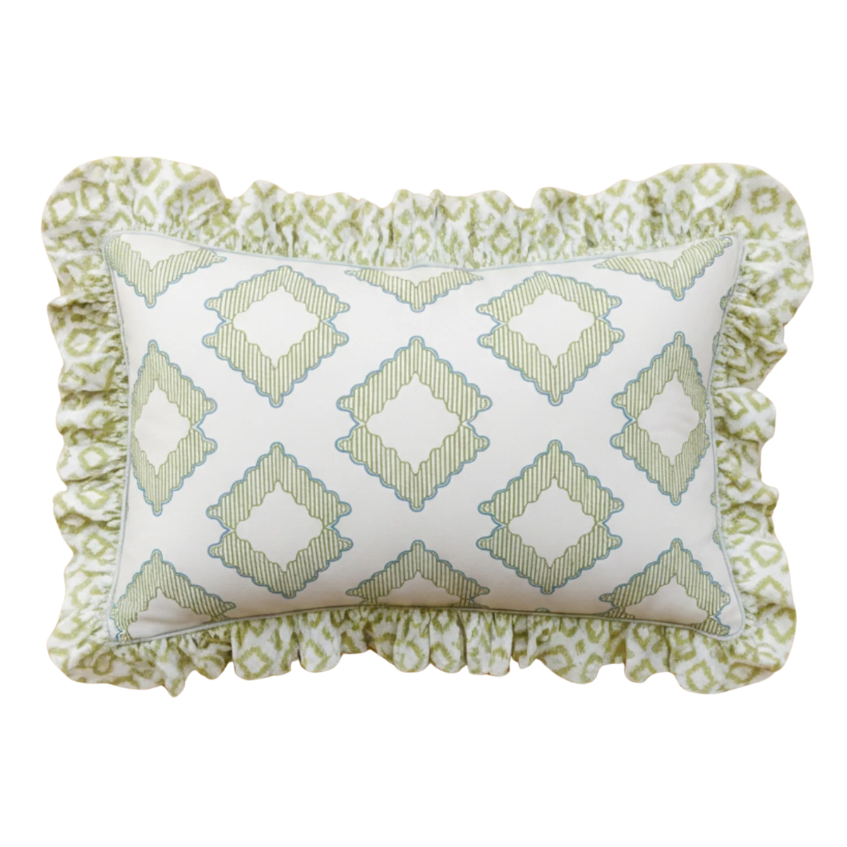 a white frill trim pillowcase with a green and pale blue diamond pattern