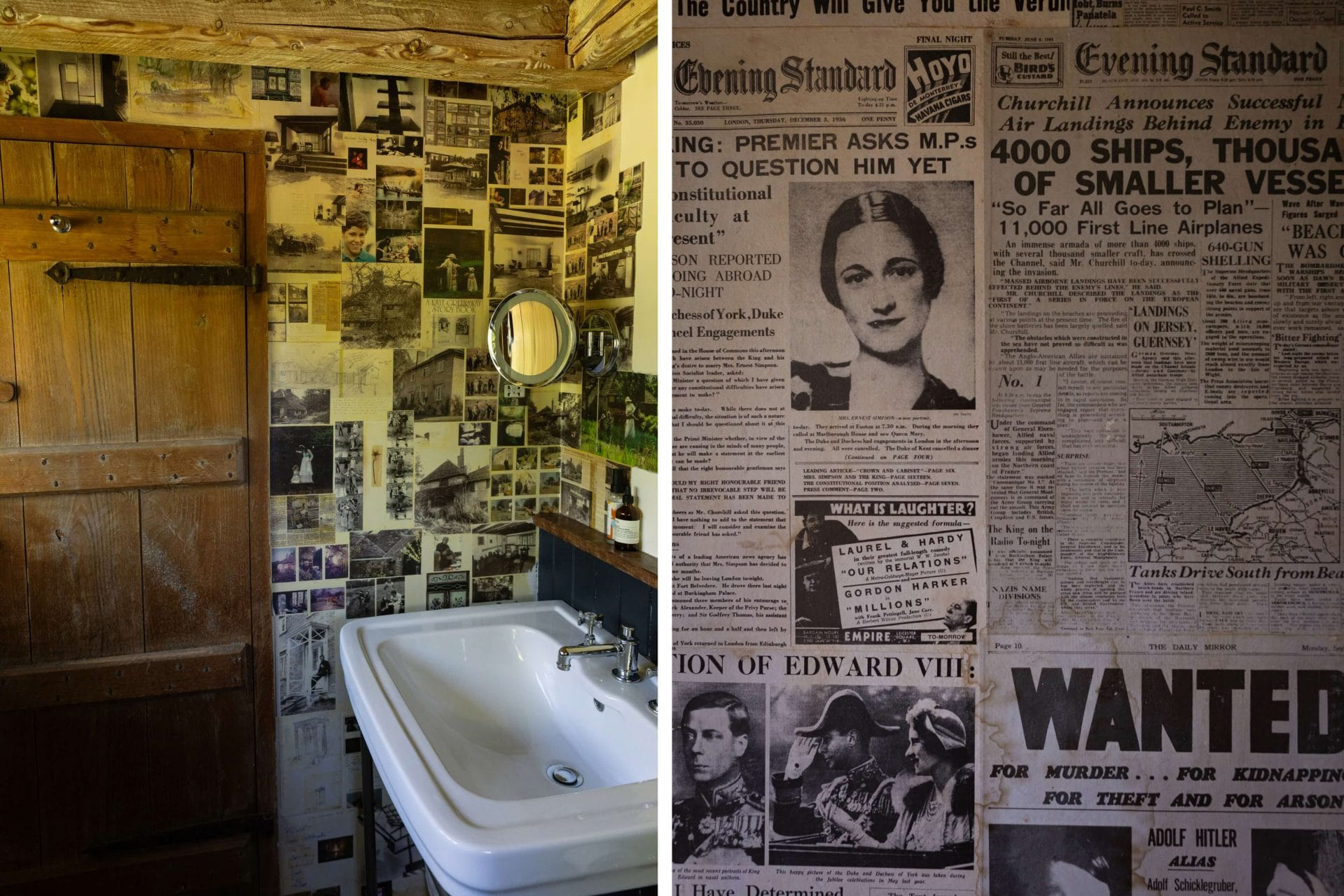 A downstairs toilet with walls covered in old newspaper clippings, former home of Princess Margaret