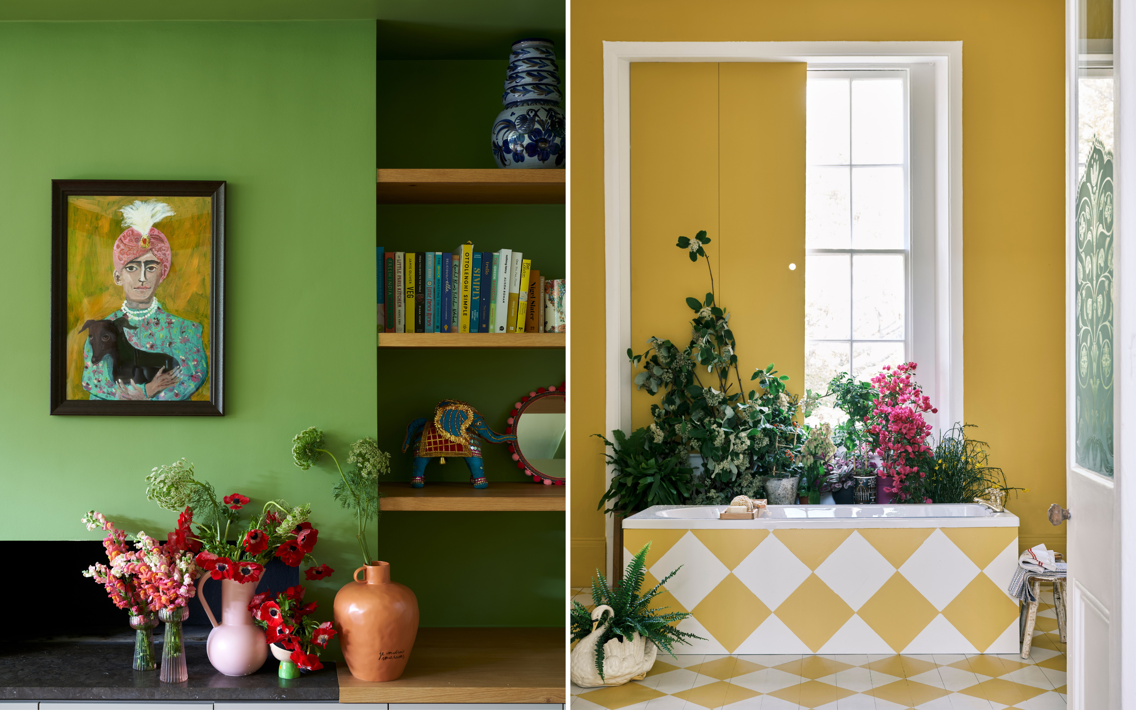 a green room to the left with a paitning on the left and a bookshelf on the right, and a yellow room on the right with a yellow and white checkered bath and green plants around the edge