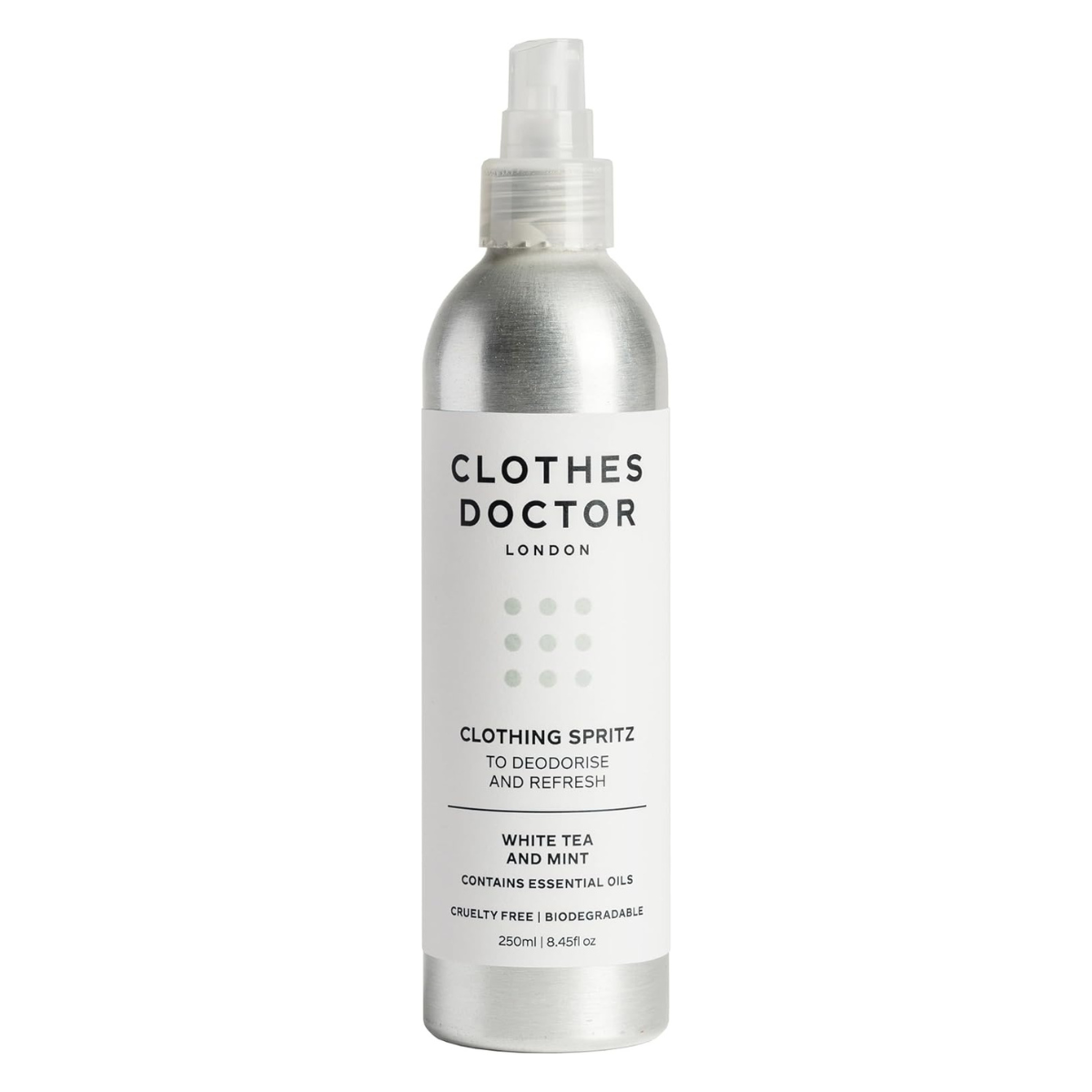 a silver bottle of clothes spray