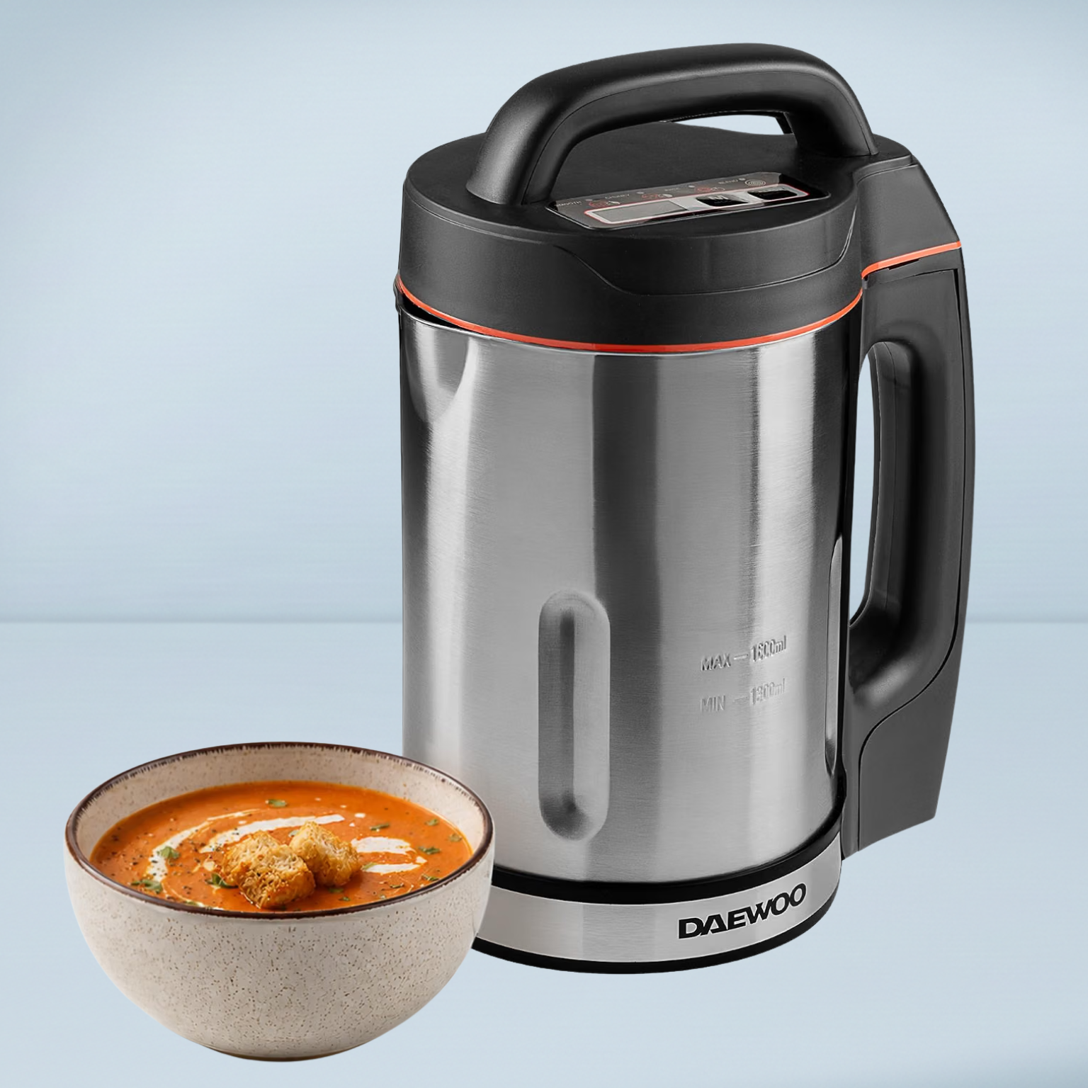 daewoo soup maker with a bowl of tomato soup