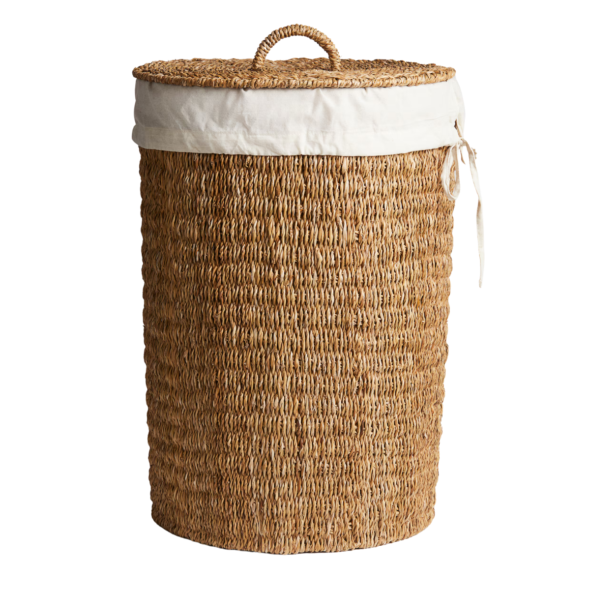 WICKER LAUNDRY BASKET WITH LINEN MATERIAL AND DRAWSTRING