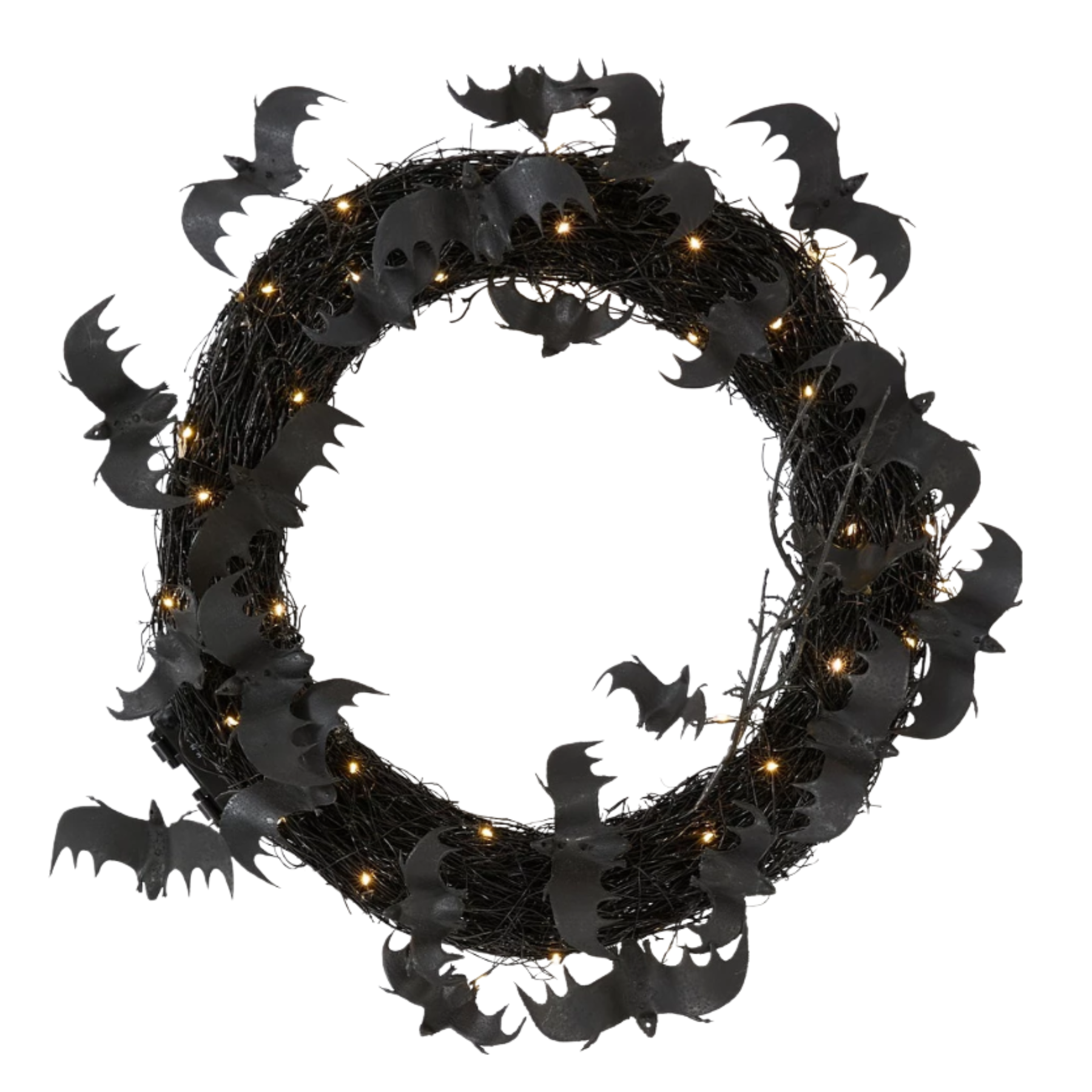 a black pre lit wreath with bats