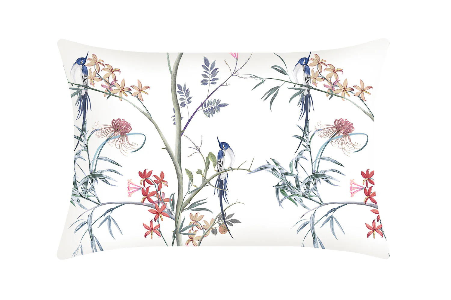 white silk pillowcase with leaf and bird motifs