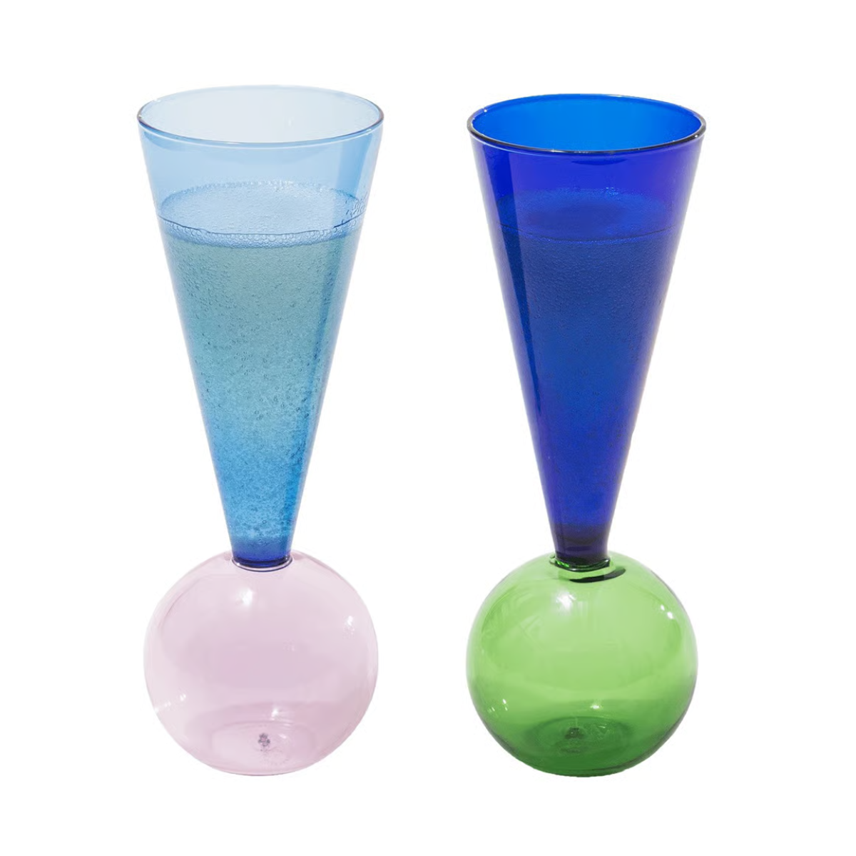 two champagne glasses with sphere shaped stems in blue, green and pink