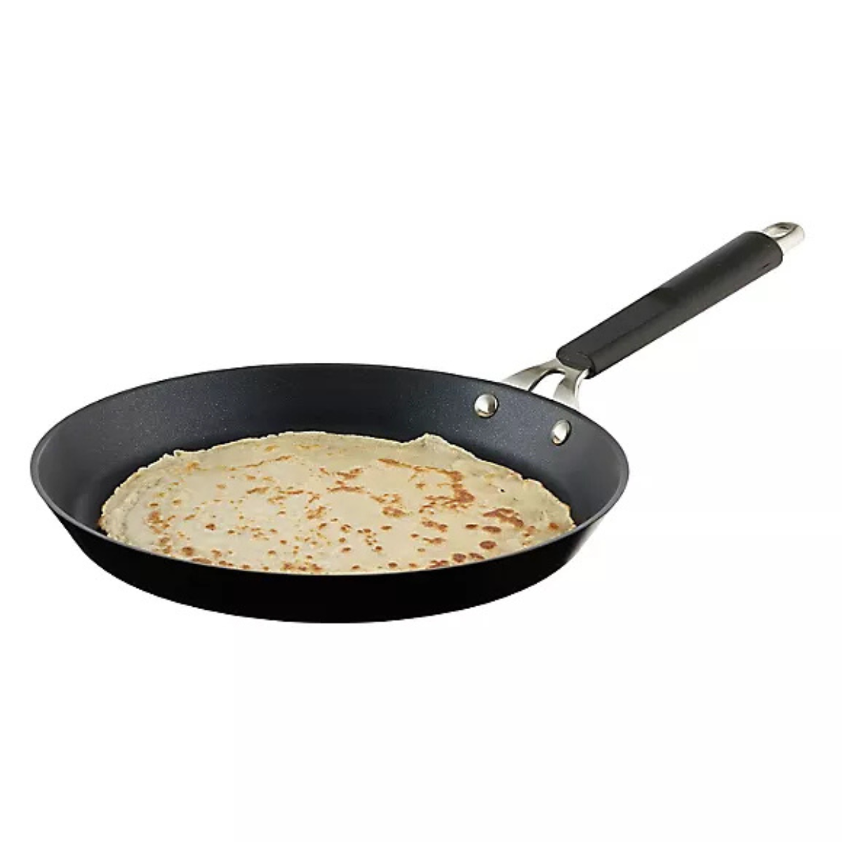 black crepe frying pan with pancake