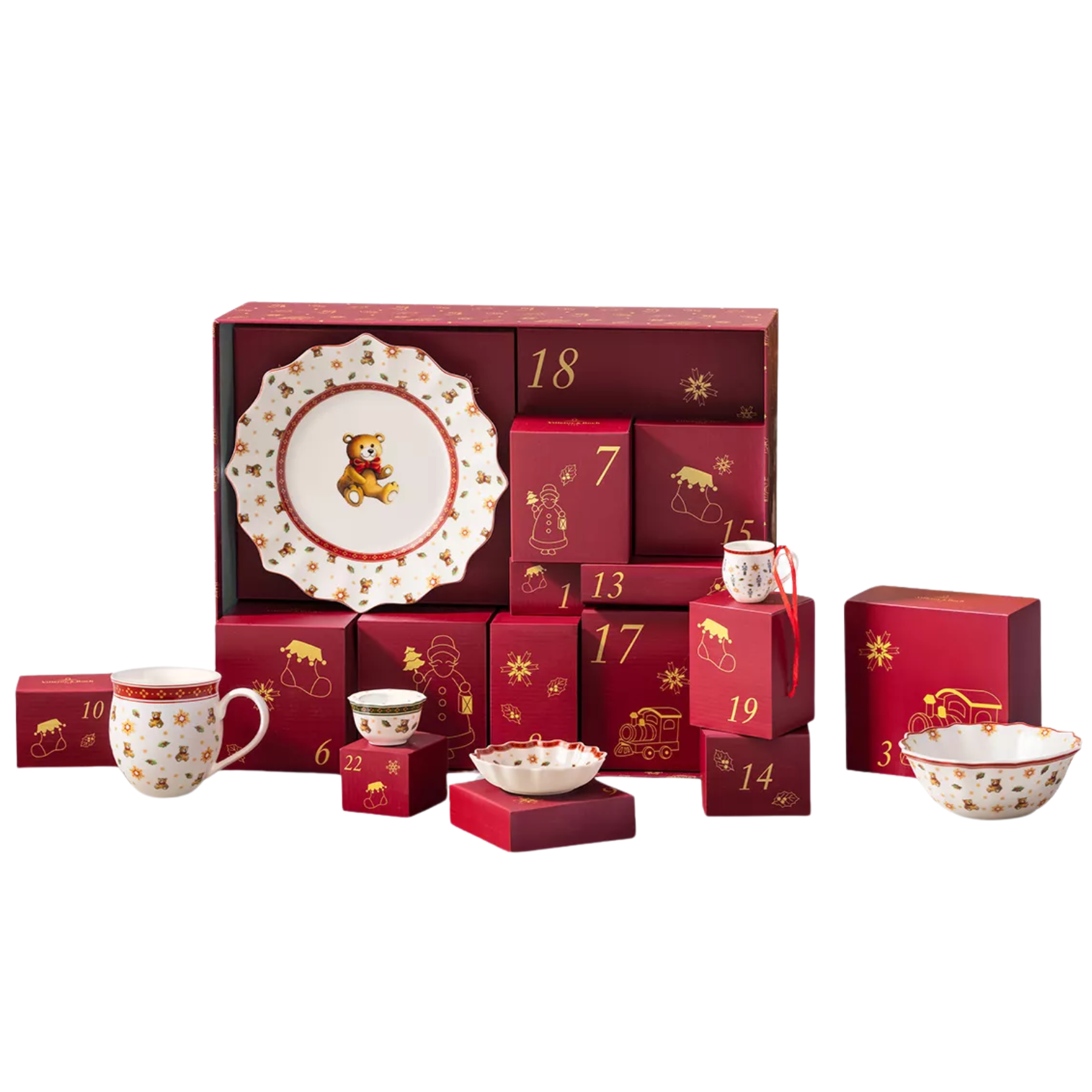 Short Alt Text: Villeroy & Boch porcelain advent calendar featuring dark red numbered boxes and festively decorated Toy's Delight tableware