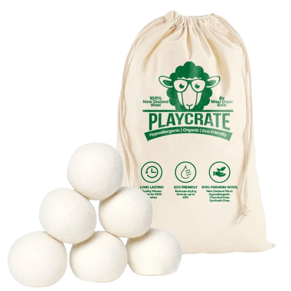 a pack of 6 white wool tumble dryer balls with a cotton pouch