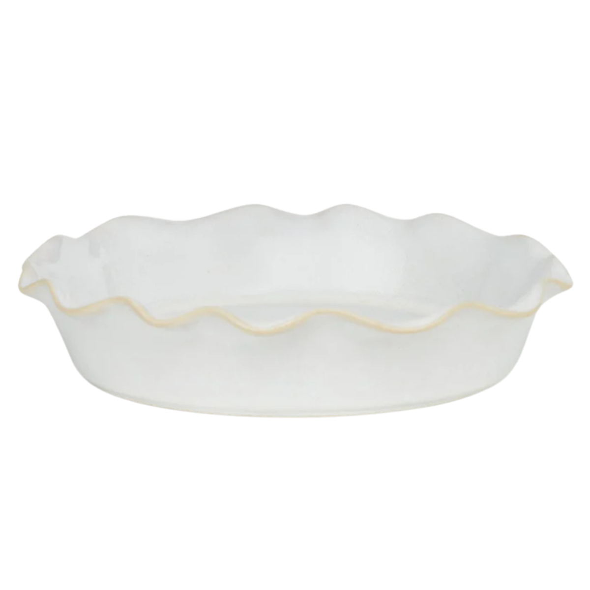 white ruffle edge round pie dish with a beige rim