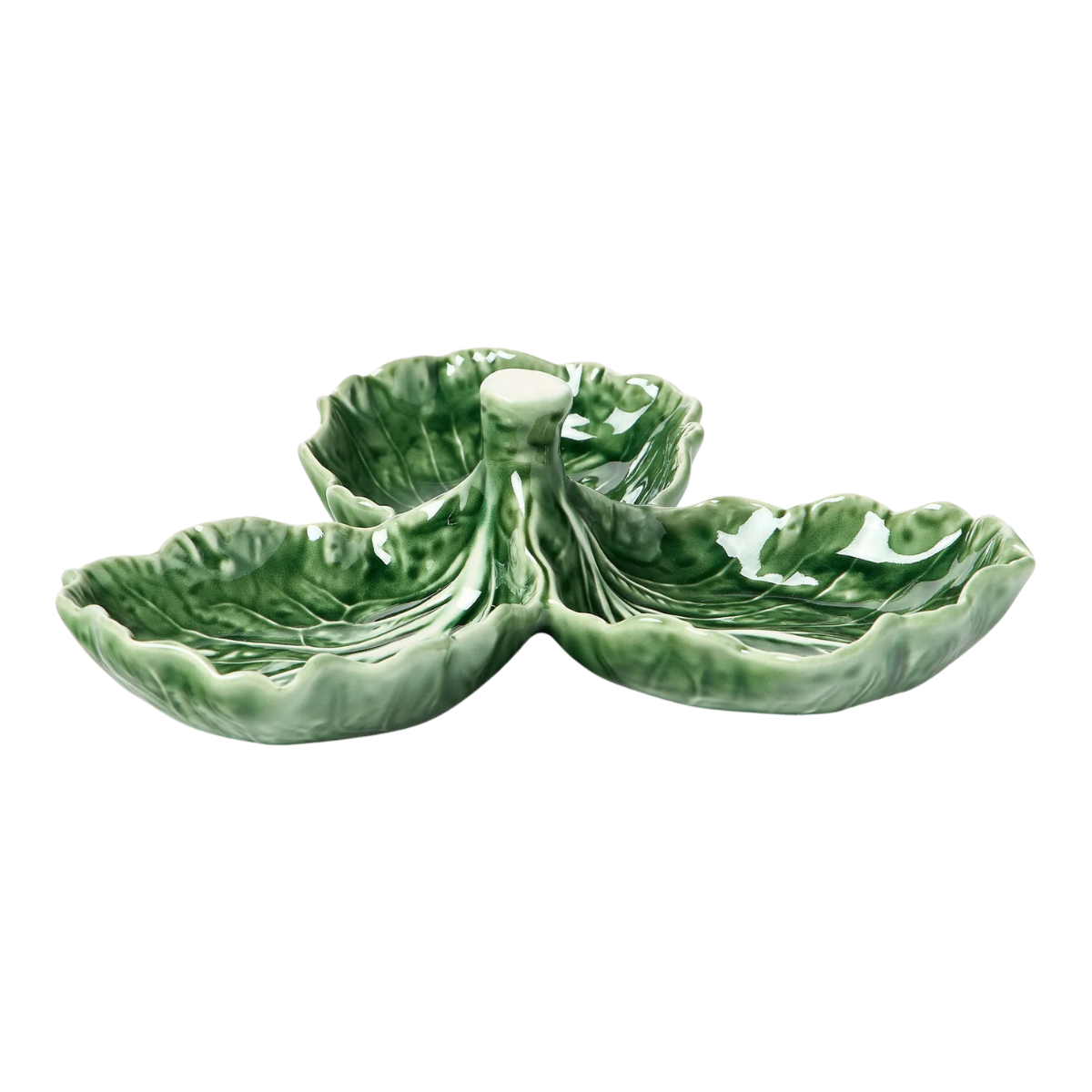 a green three bowl serving bowl in the shape of a cabbage