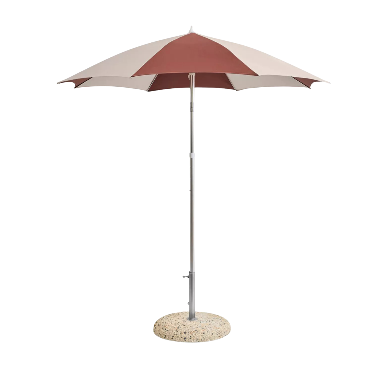a white and burgundy stripe parasol with a silver pole and a speckled base