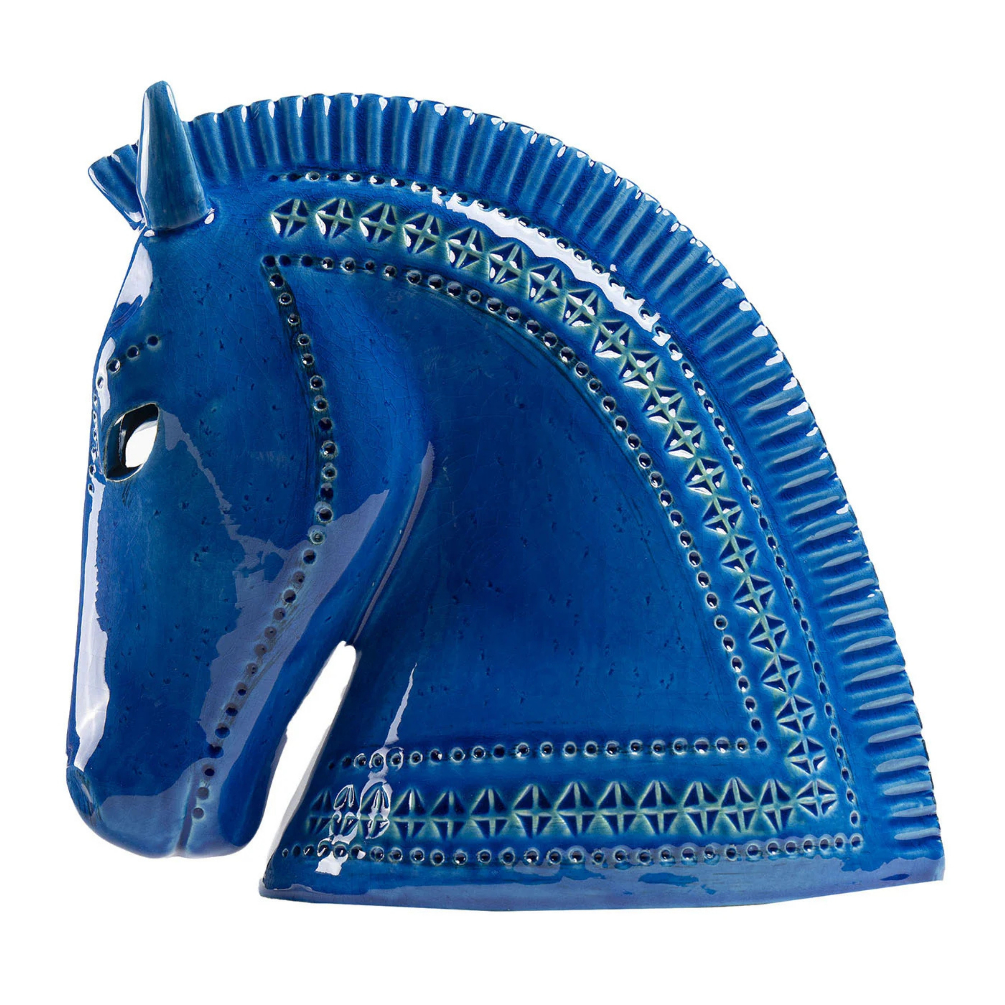 Rimini Blu Horse Head Figurine by Aldo Londi pictured a blue greek inspired sculpture on a white background