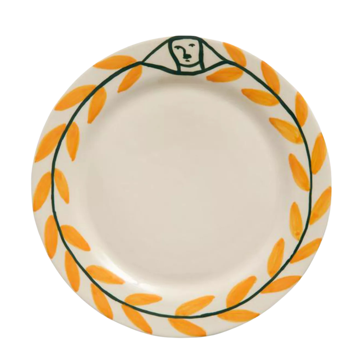 a plate with bright yellow leaf pattern around the rim