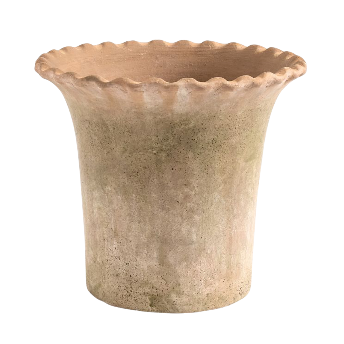 an aged terracotta plant pot with a scalloped rim