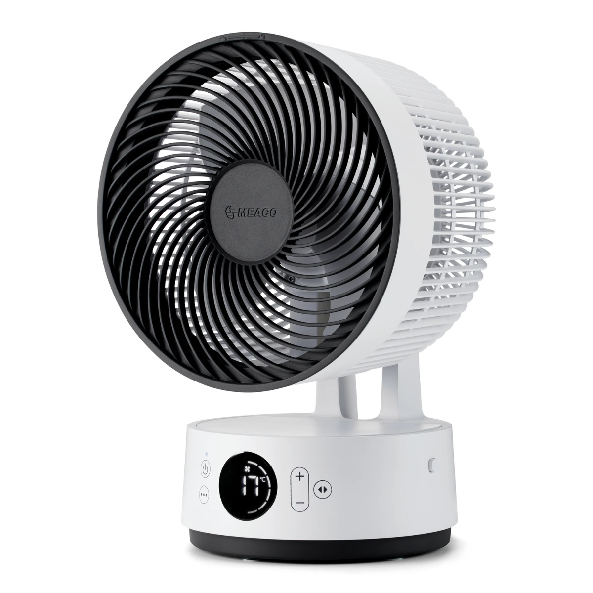 a black and white desk fan
