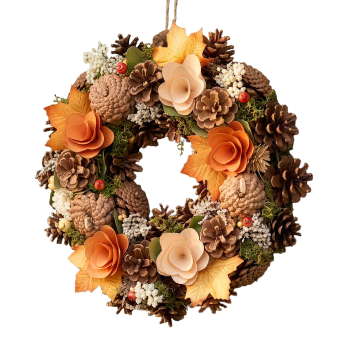 autumn wreath with orange leaves and pine cones