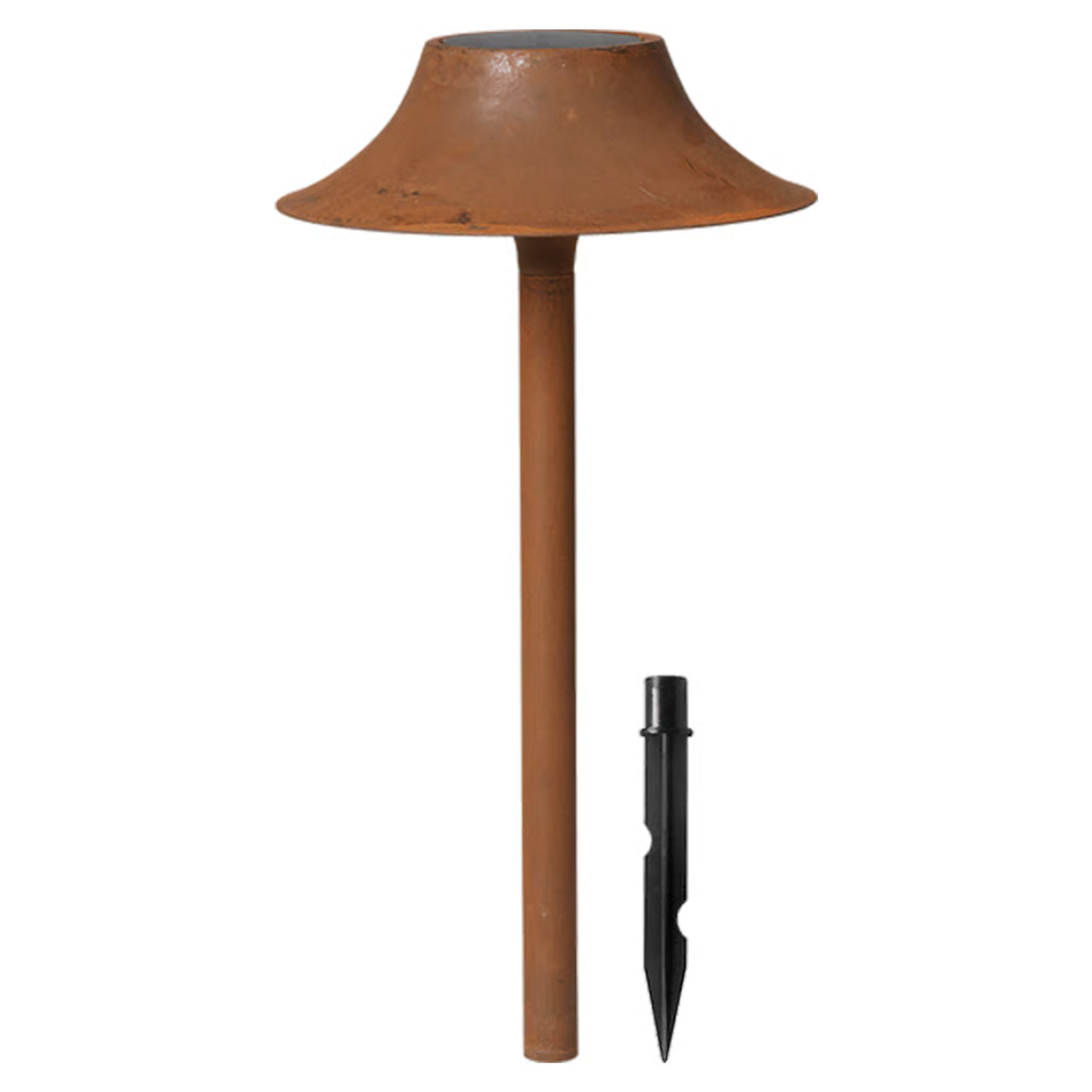 a rust outdoor solar lamp with stake