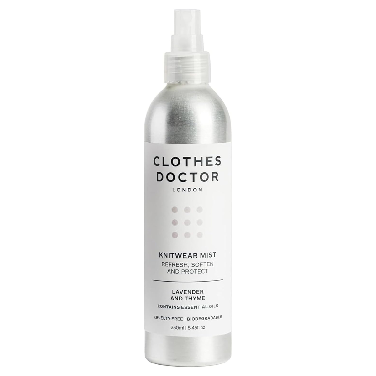 a silver spray bottle with a white label