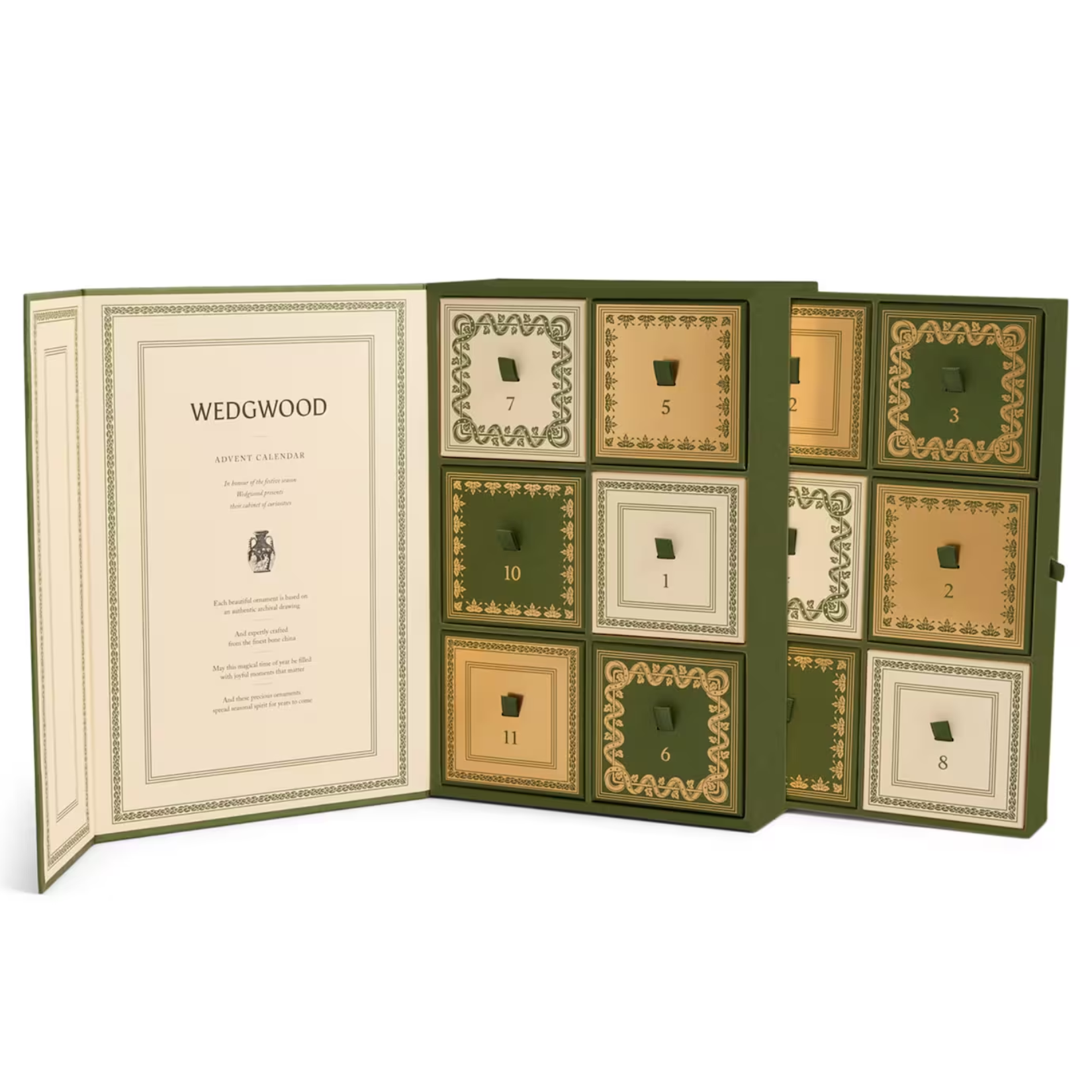 Wedgwood bone china advent calendar styled like a green book with gold filigree details and numbered drawers inside