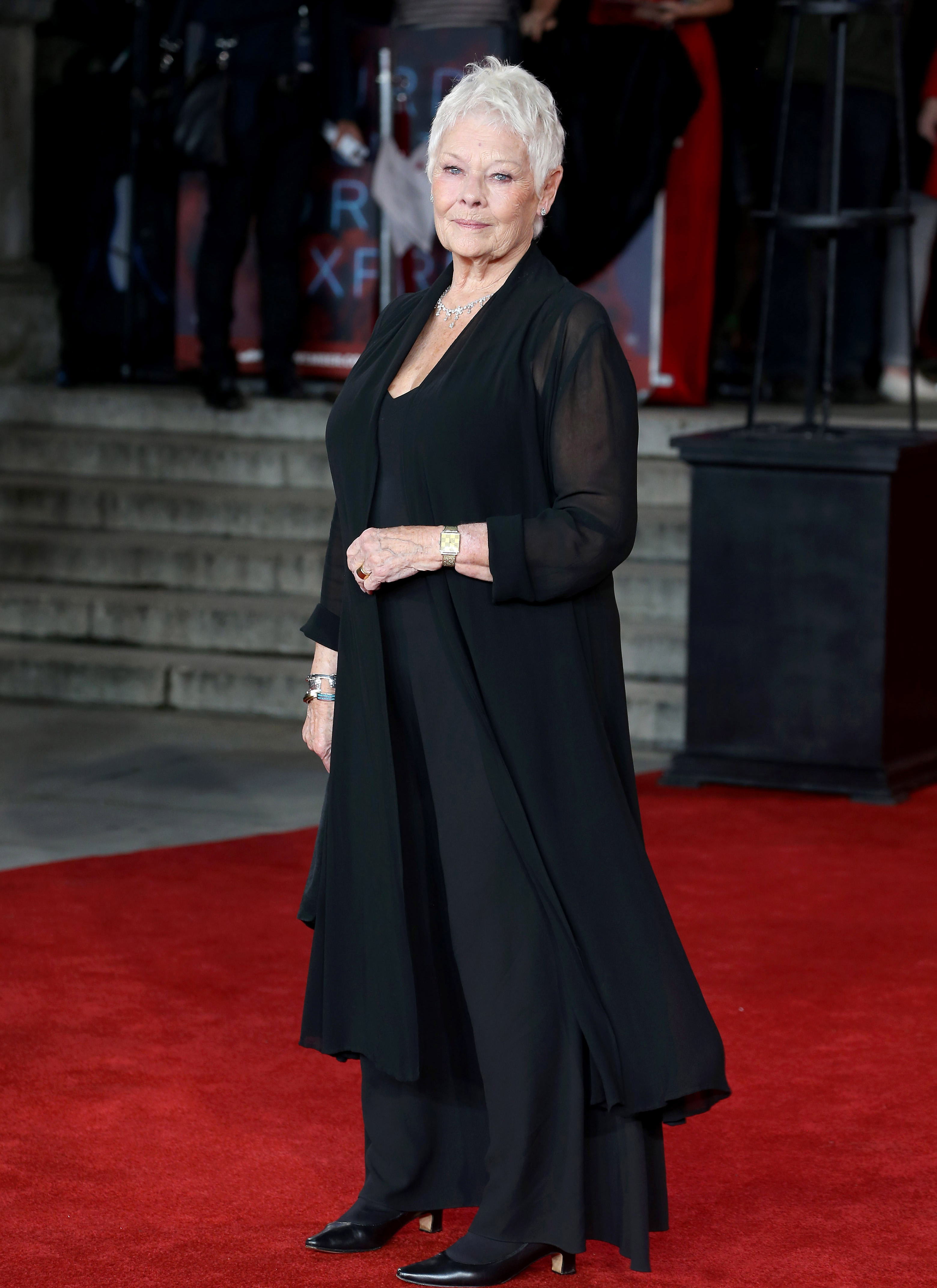 judi dench wearing all black on a red carpet