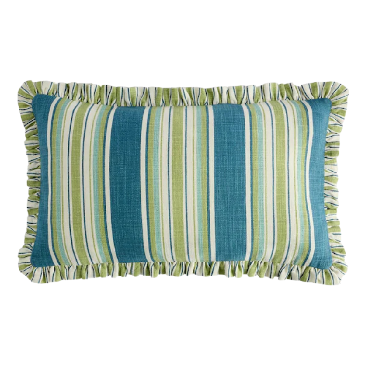 A GREEN AND BLUE STRIPE CUSHION WITH RUFFLE TRIM