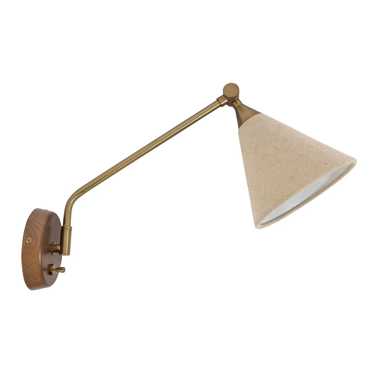 a wall swing light with a wooden base, a brass arm and a cream shade