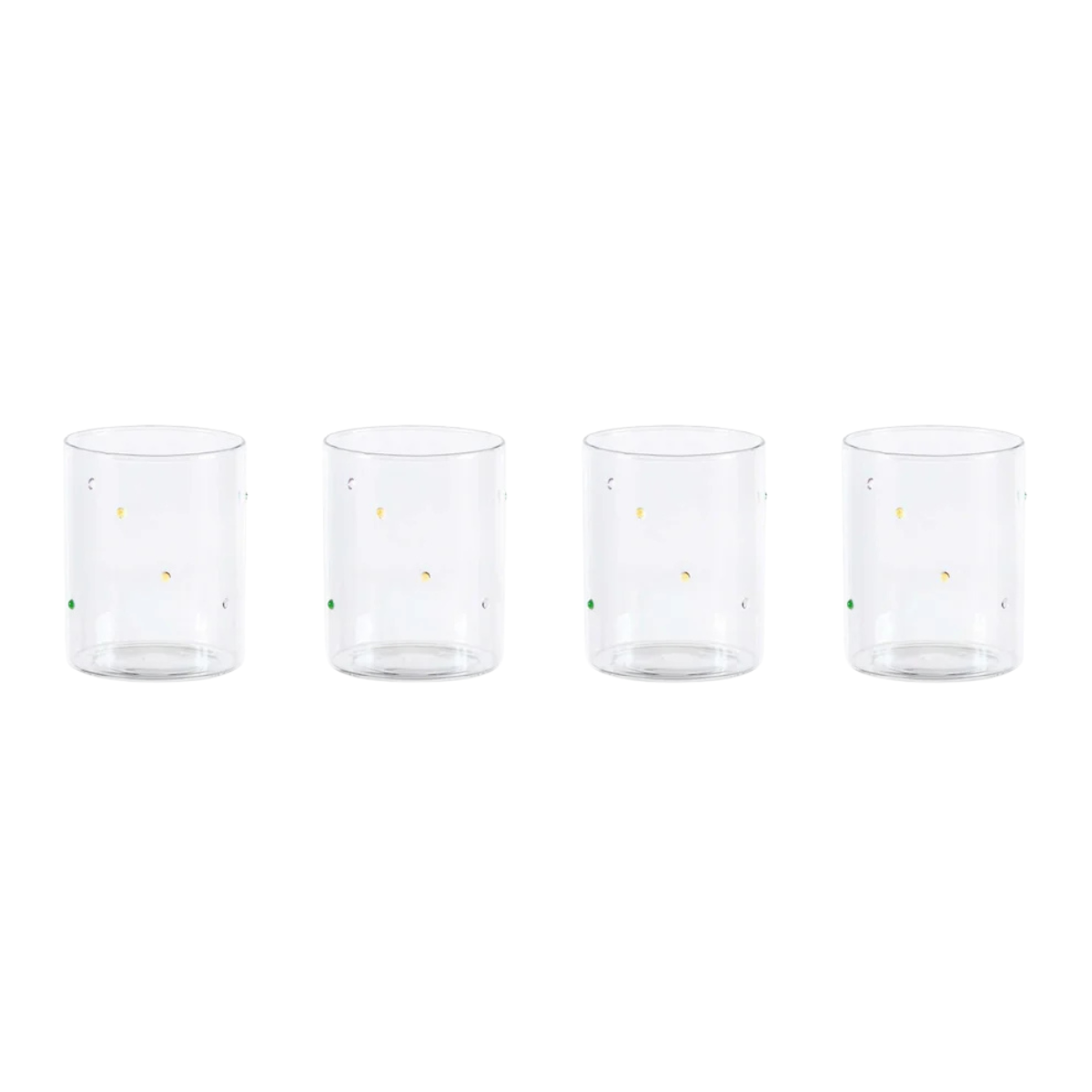 a set of 4 glass tumblers with multicoloured polka dots