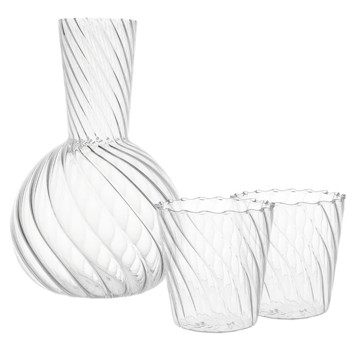 a ribbed glass carafe with two matching tumblers