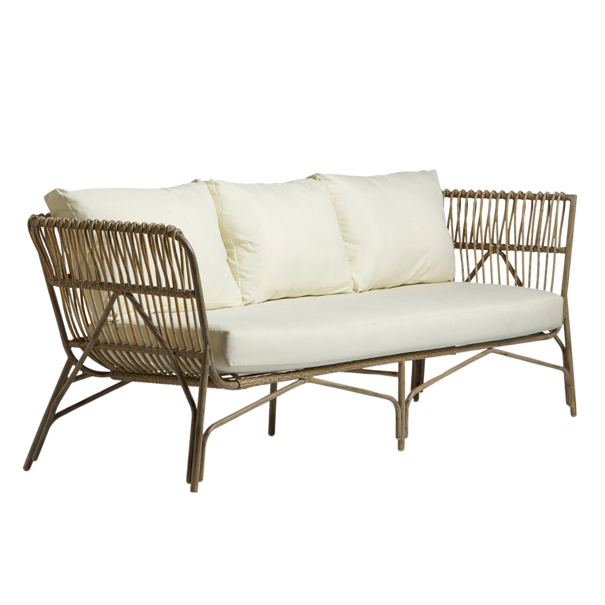 a RATTAN CANE garden sofa with white cushions