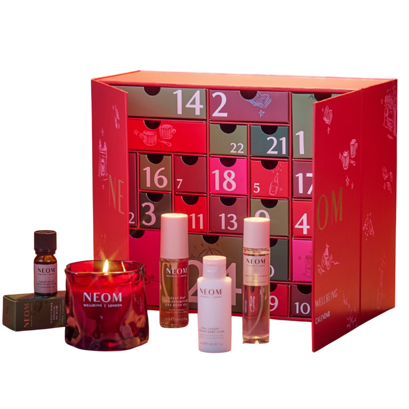 NEOM Wellbeing 24 Days of Wellbeing Advent Calendar in pink and red with open doors showing numbered drawers and various aromatherapy products arranged in front