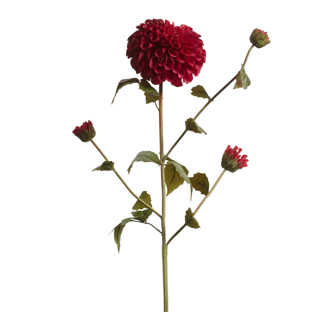 a red faux dahlia stem with green leaves