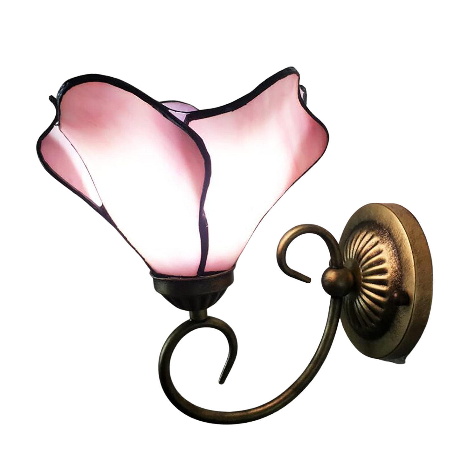 pink petal tiffany style wall sconce with brass hardware
