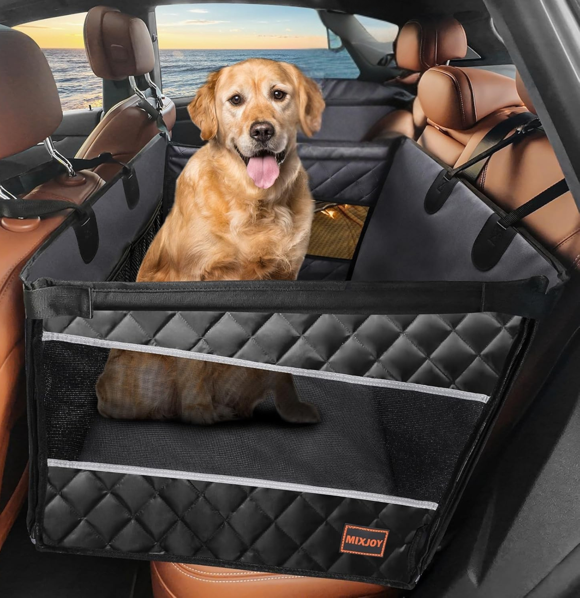 Large Dog Car Seat pictured for the back seat of a car with a dog inside