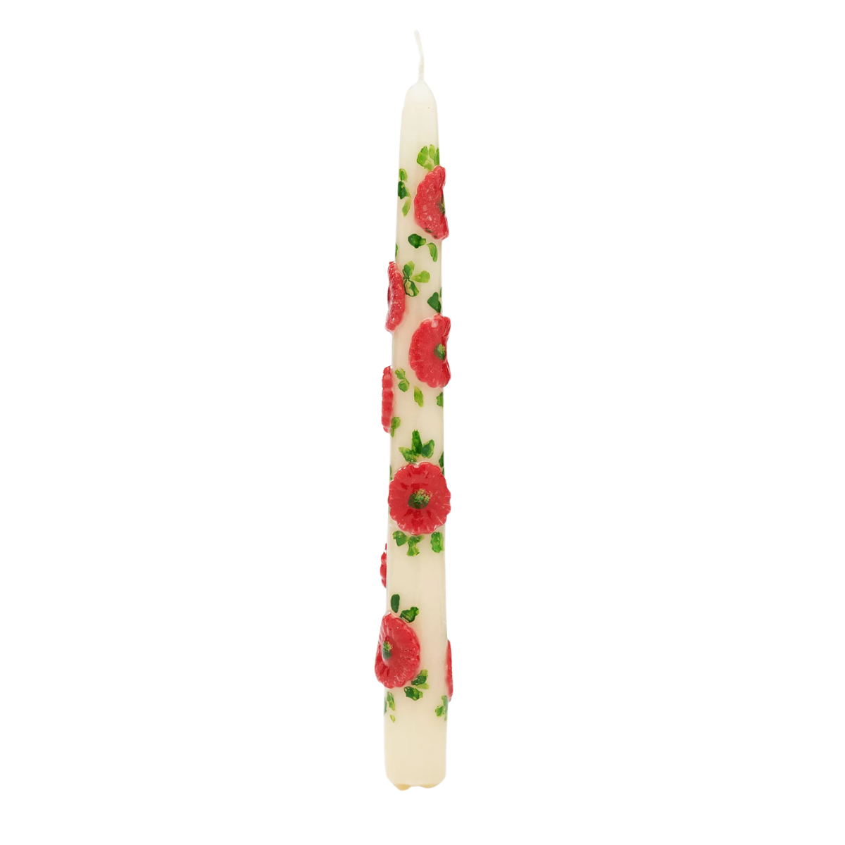 a white taper dinner candle covered in 3d red flowers