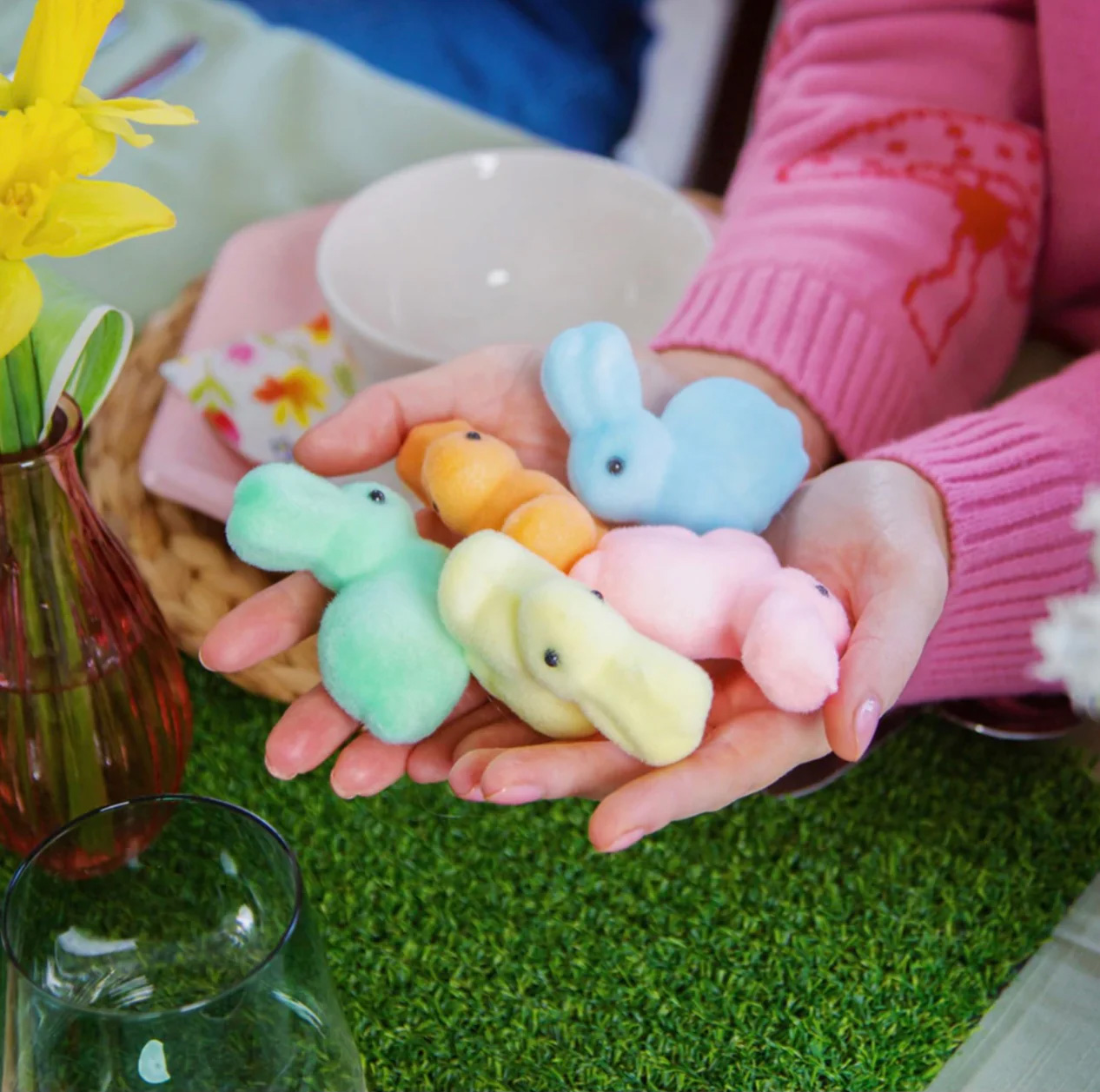 a pack of 5 felt pastel coloured bunny table decorations
