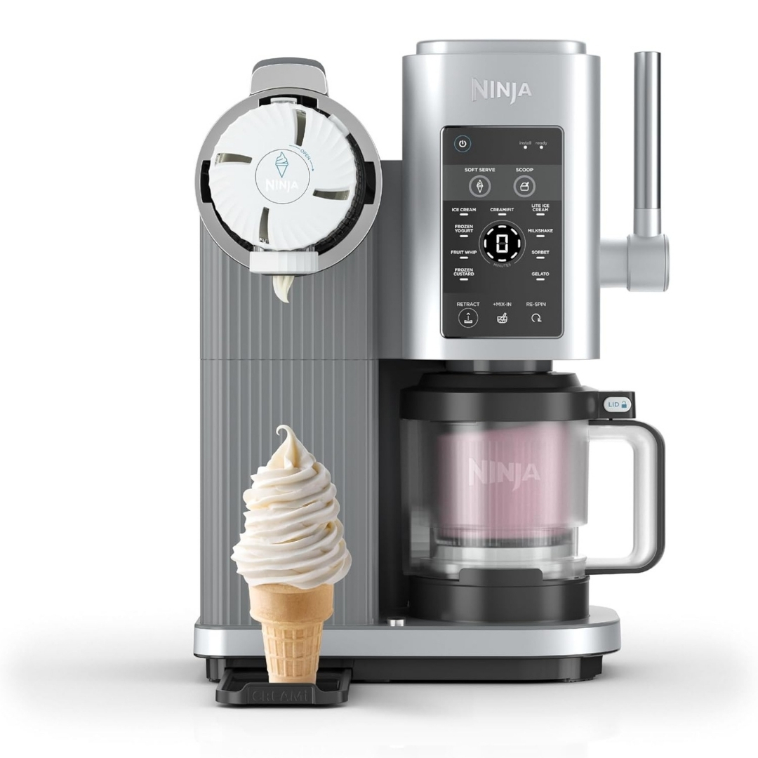 Ninja CREAMi Scoop and Swirl pictured with an ice cream in grey colourway on a white background