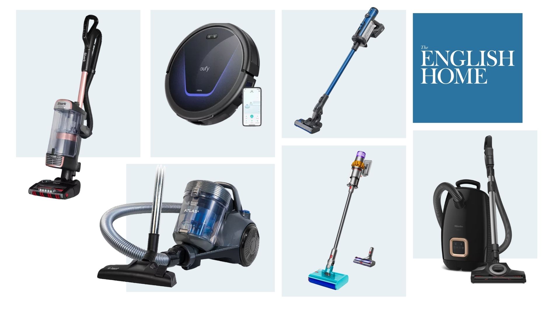 best vacuum cleaners for pet hair selection on blue cube background with english home logo